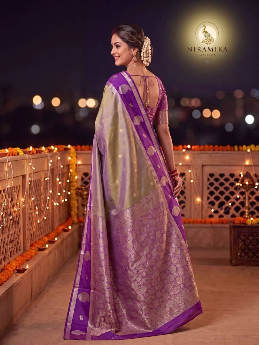 Olive Silver Tissue-Style Silk Saree with Deep Purple Zari Border & Paisley Butta Olive Silver Silk Sarees saree by Niramika Fashion - image 4