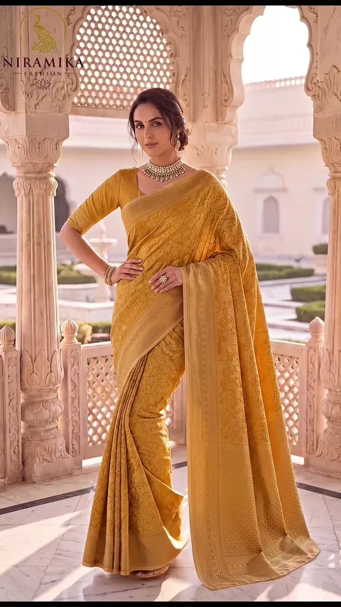 Dharmavaram Silk Saree in Mustard Yellow with All-Over Gold Zari Floral Jaal | Nirmika Fashion