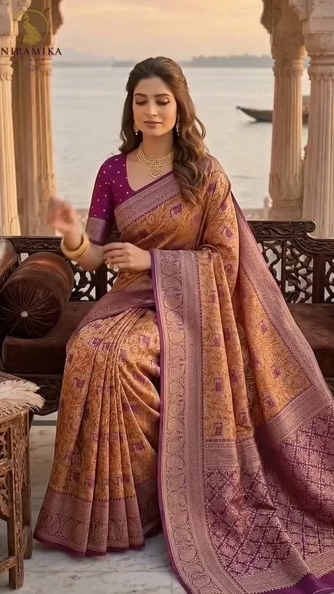 Dharmavaram Silk Saree in Mustard Gold with Purple Zari Border & Paisley Pallu