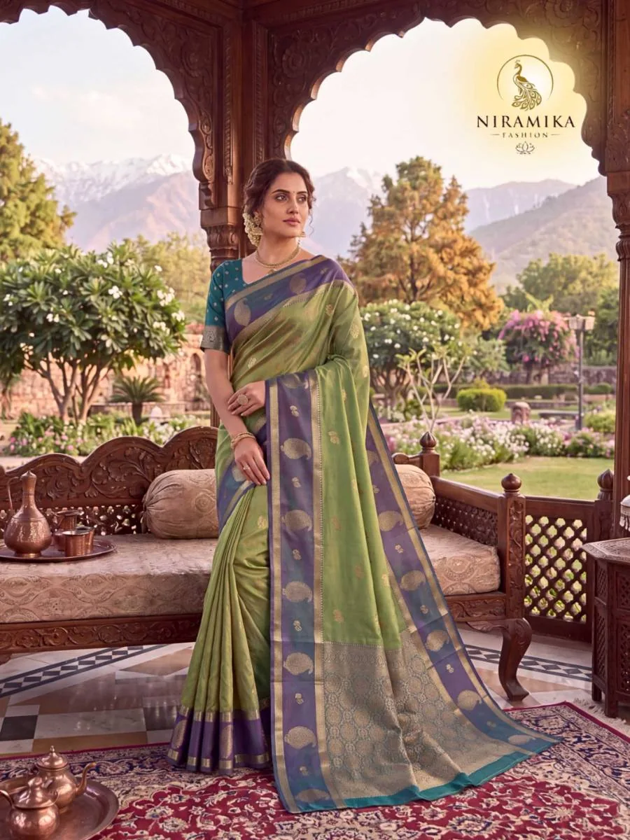 Pista Green Dual Tone Silk Saree with Slate Purple Zari Border & Teal Blouse Pista Green Silk Sarees saree by Niramika Fashion