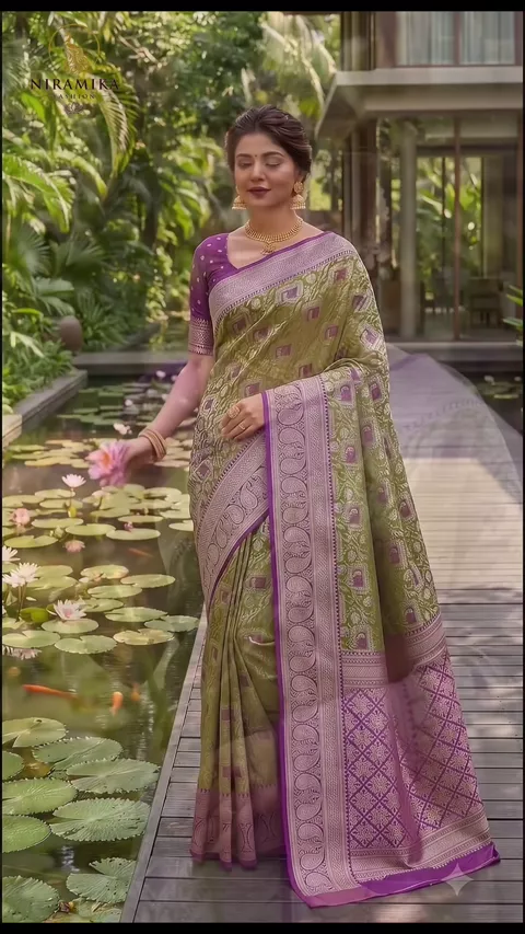 Mehendi Green & Purple Dharmavaram Silk Saree with Paisley Pallu and Purple Blouse