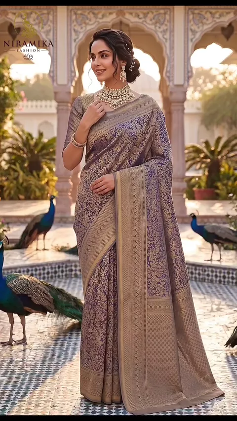 Dharmavaram Silk Saree in Indigo Blue with All-Over Gold Zari Floral Jaal | Nirmika Fashion