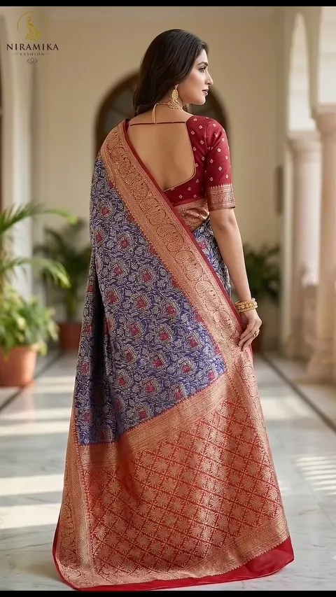 Royal Blue & Red Dharmavaram Silk Saree with Paisley Pallu and Maroon Blouse