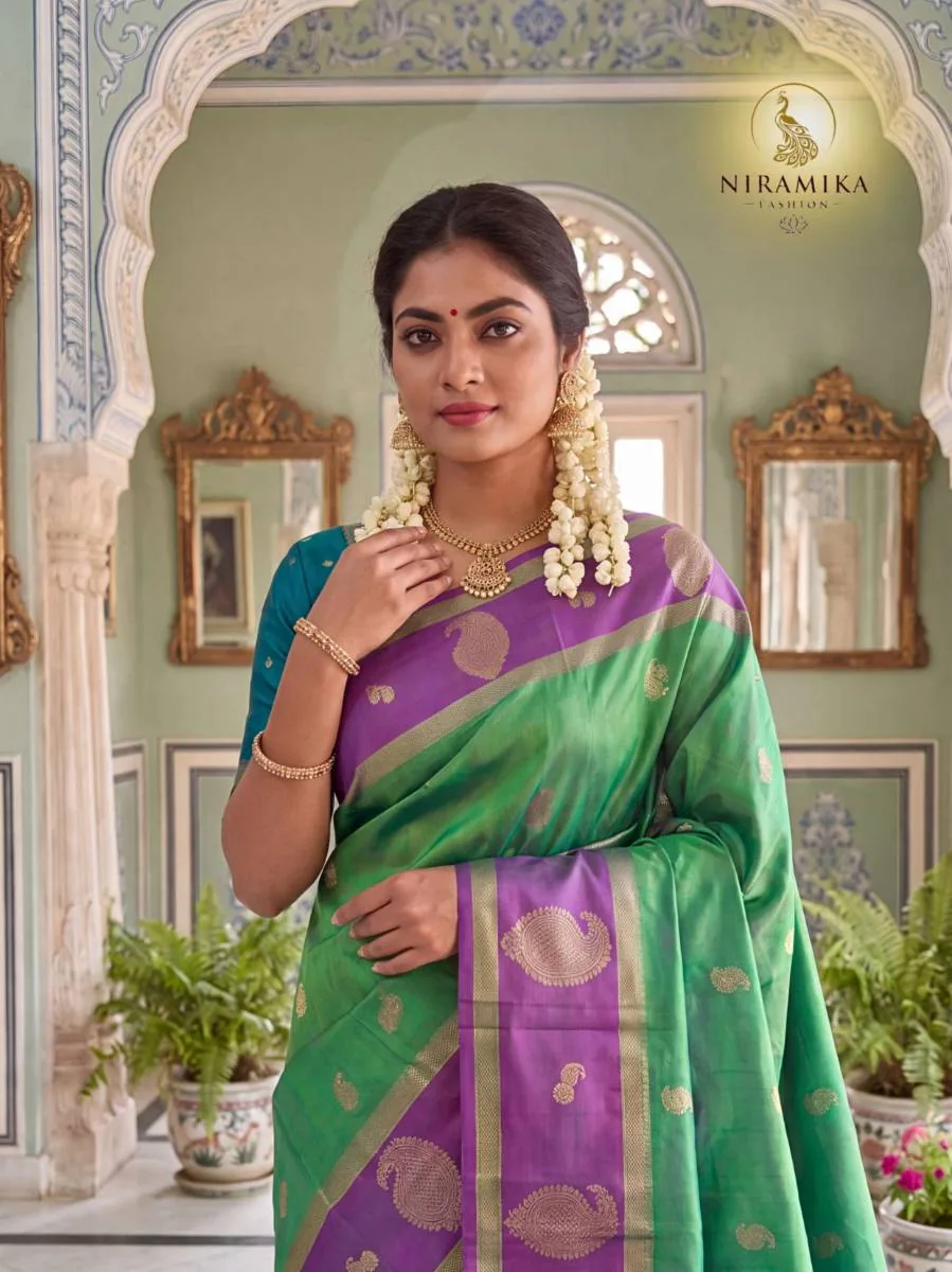 Emerald Green Silk Saree with Purple Zari Border, Teal Pallu & Paisley Butta Emerald Green Silk Sarees saree by Niramika Fashion - image 3