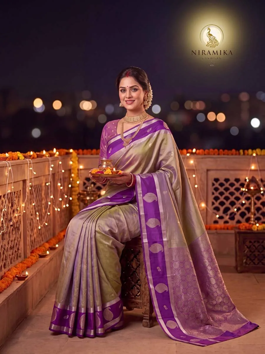 Olive Silver Tissue-Style Silk Saree with Deep Purple Zari Border & Paisley Butta Olive Silver Silk Sarees saree by Niramika Fashion - image 2