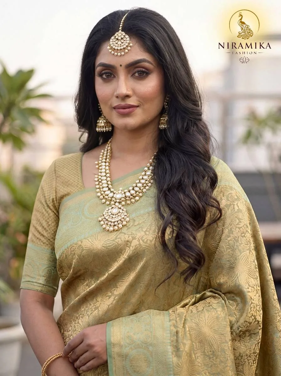 Pista Green Dharmavaram Silk Saree with All-Over Antique Gold Zari Floral Jaal Pista Green Silk Sarees saree by Niramika Fashion - image 3