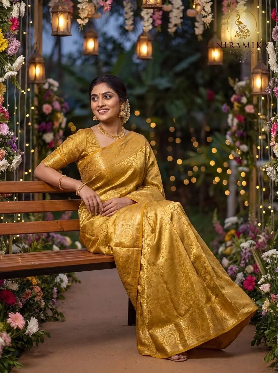 Golden Mustard Dharmavaram Silk Saree with All-Over Gold Zari Floral Jaal Golden Mustard Silk Sarees saree by Niramika Fashion - image 2