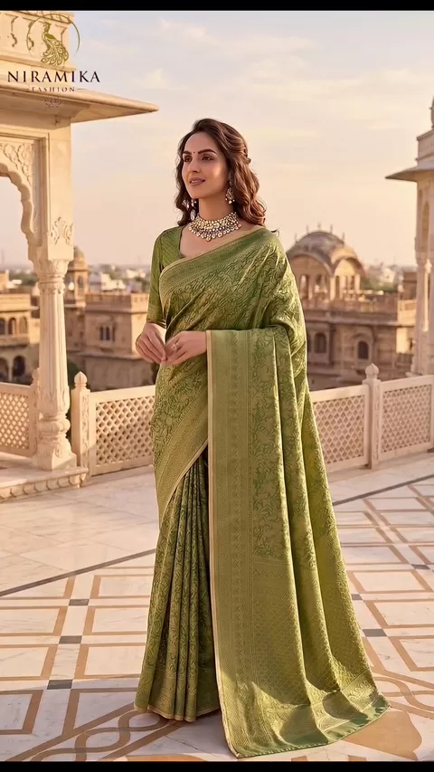 Dharmavaram Silk Saree in Olive Green with All-Over Gold Zari Floral Jaal | Nirmika Fashion
