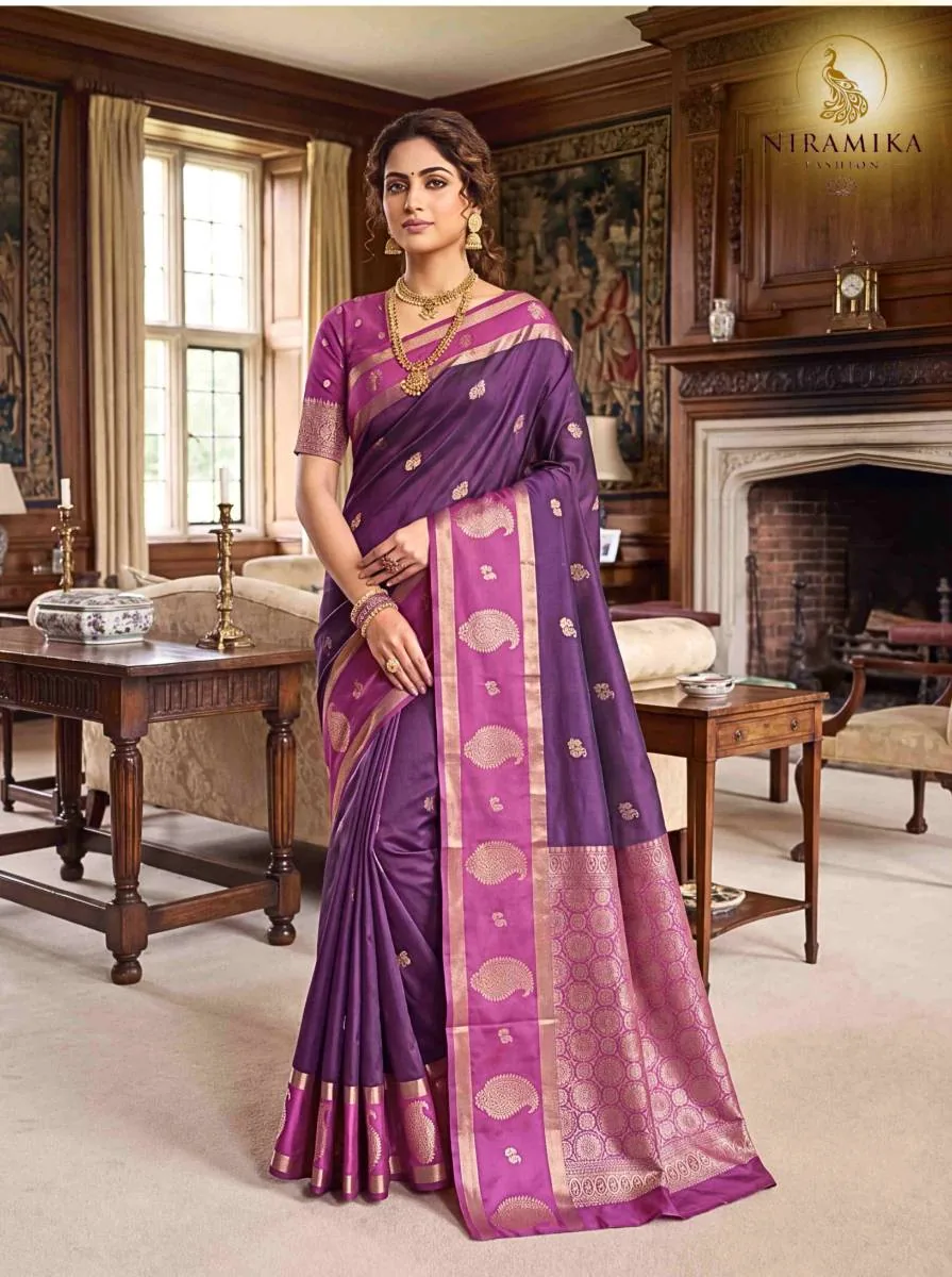 Deep Plum Purple Silk Saree with Orchid Pink Zari Border & Paisley Butta Deep Plum Purple Silk Sarees saree by Niramika Fashion