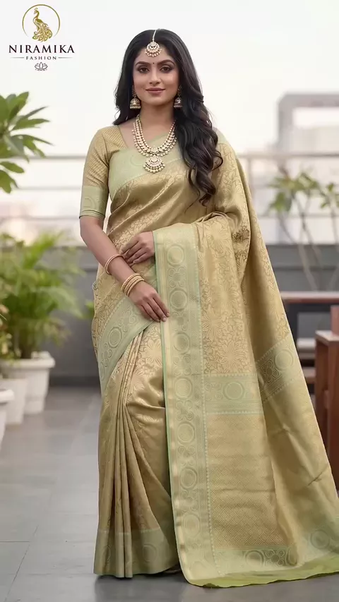 Pista Green Dharmavaram Silk Saree with All-Over Antique Gold Zari Floral Jaal