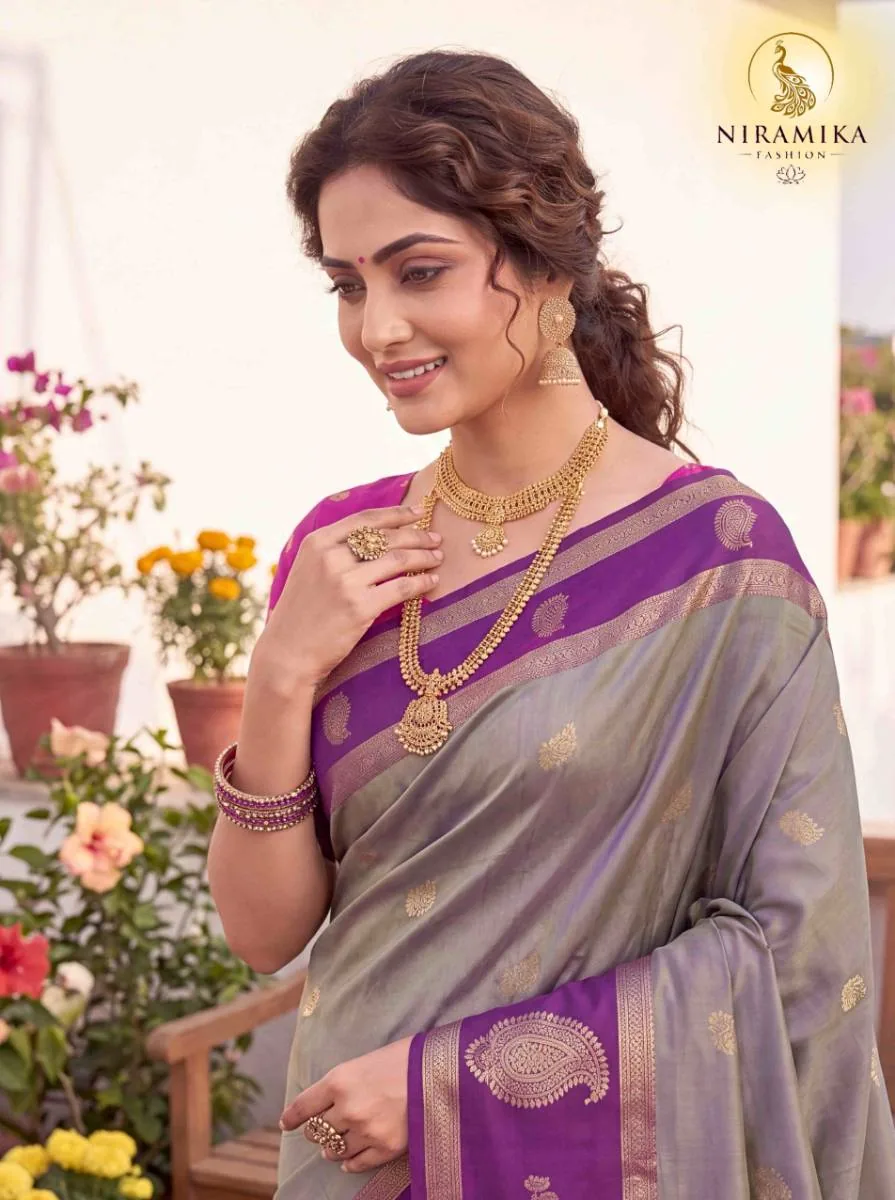 Steel Grey Dual Tone Silk Saree with Deep Purple Zari Border & Magenta Blouse Steel Grey Silk Sarees saree by Niramika Fashion - image 2