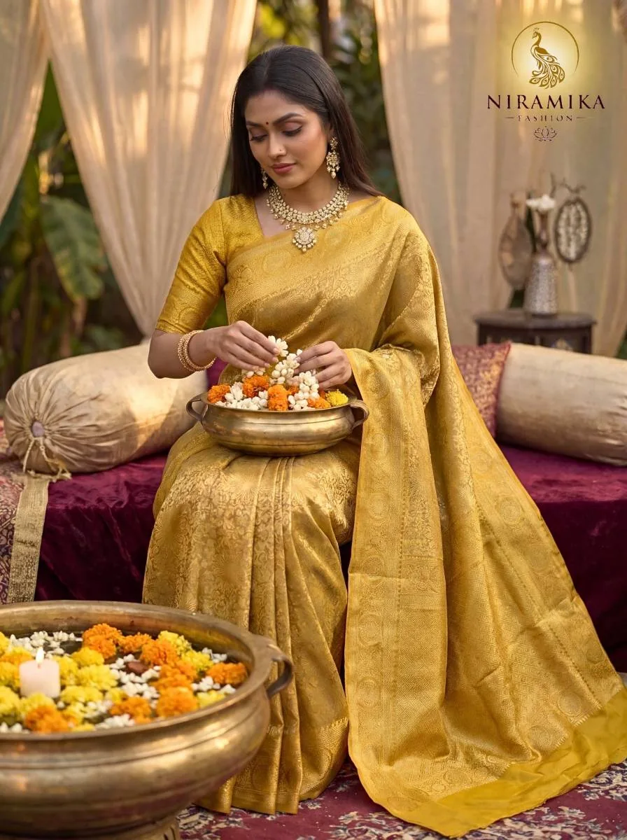 Turmeric Yellow Dharmavaram Silk Saree with All-Over Gold Zari Floral Jaal Turmeric Yellow Silk Sarees saree by Niramika Fashion - image 3
