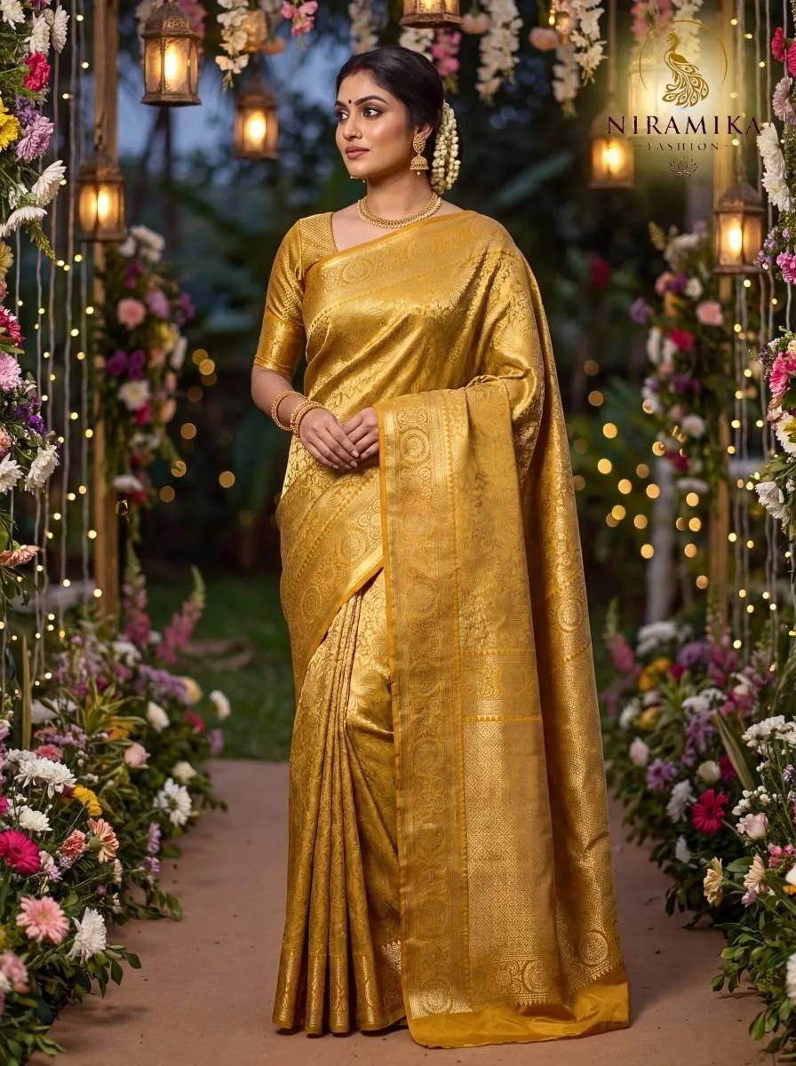 Golden Mustard Dharmavaram Silk Saree with All-Over Gold Zari Floral Jaal Golden Mustard Silk Sarees saree by Niramika Fashion
