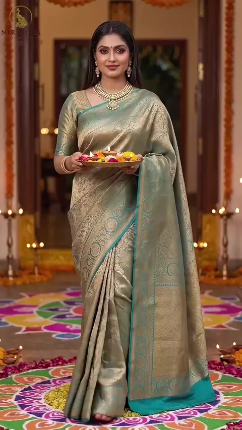 Peacock Teal Dharmavaram Silk Saree with All-Over Gold Zari Floral Jaal
