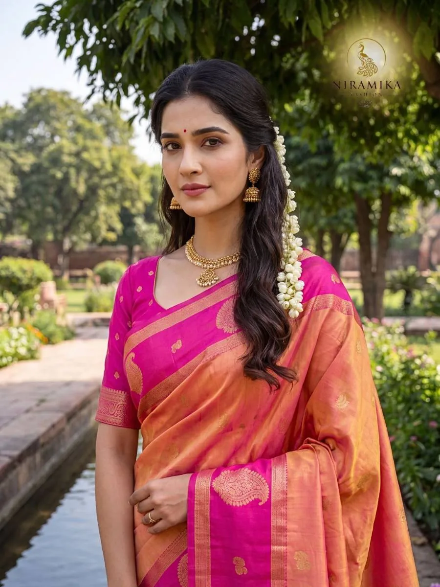Peach Orange Silk Saree with Magenta Pink Zari Border & Paisley Butta Peach Orange Silk Sarees saree by Niramika Fashion - image 3