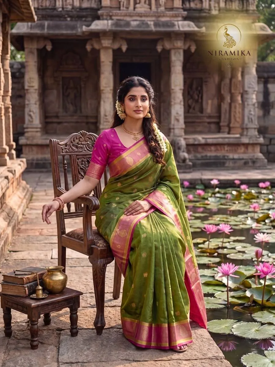 Olive Green Silk Saree with Magenta Pink Zari Border & Temple Pallu Olive Green Silk Sarees saree by Niramika Fashion - image 2