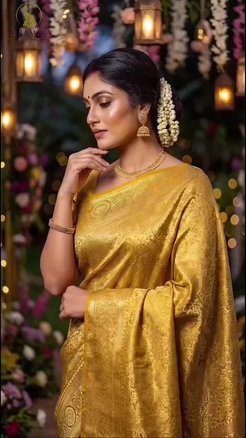 Golden Mustard Dharmavaram Silk Saree with All-Over Gold Zari Floral Jaal