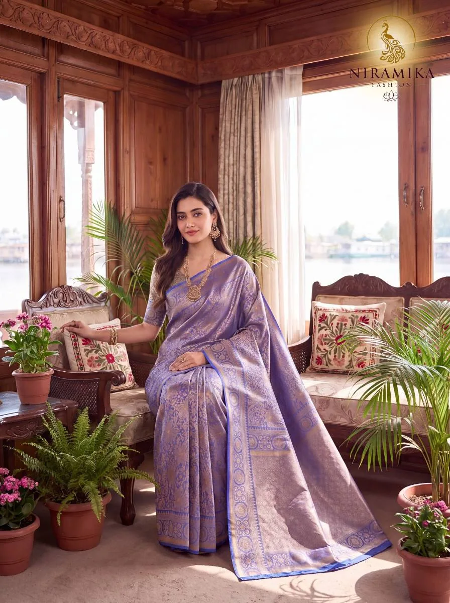 Periwinkle Blue Dharmavaram Silk Saree with All-Over Gold Zari Floral Jaal Periwinkle Blue Silk Sarees saree by Niramika Fashion - image 4