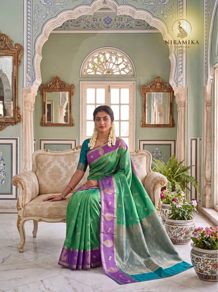 Emerald Green Silk Saree with Purple Zari Border, Teal Pallu & Paisley Butta Emerald Green Silk Sarees saree by Niramika Fashion - image 2