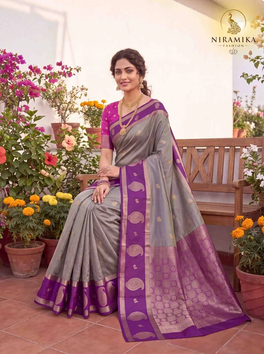 Steel Grey Dual Tone Silk Saree with Deep Purple Zari Border & Magenta Blouse Steel Grey Silk Sarees saree by Niramika Fashion - image 3