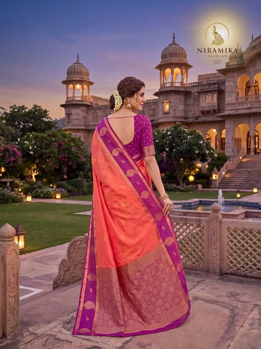 Coral Orange Silk Saree with Purple Magenta Zari Border & Paisley Butta Coral Orange Silk Sarees saree by Niramika Fashion - image 4