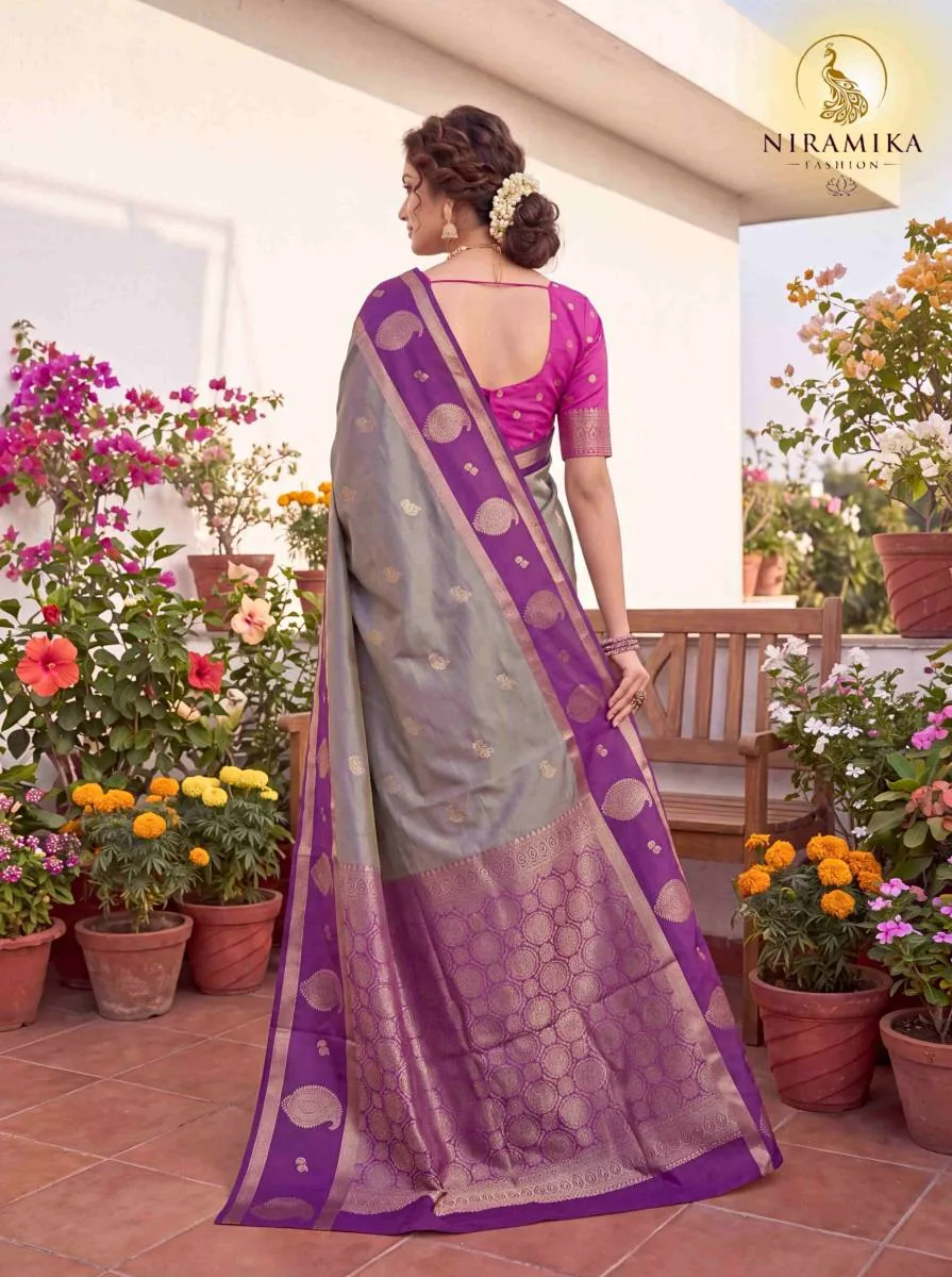 Steel Grey Dual Tone Silk Saree with Deep Purple Zari Border & Magenta Blouse Steel Grey Silk Sarees saree by Niramika Fashion - image 4
