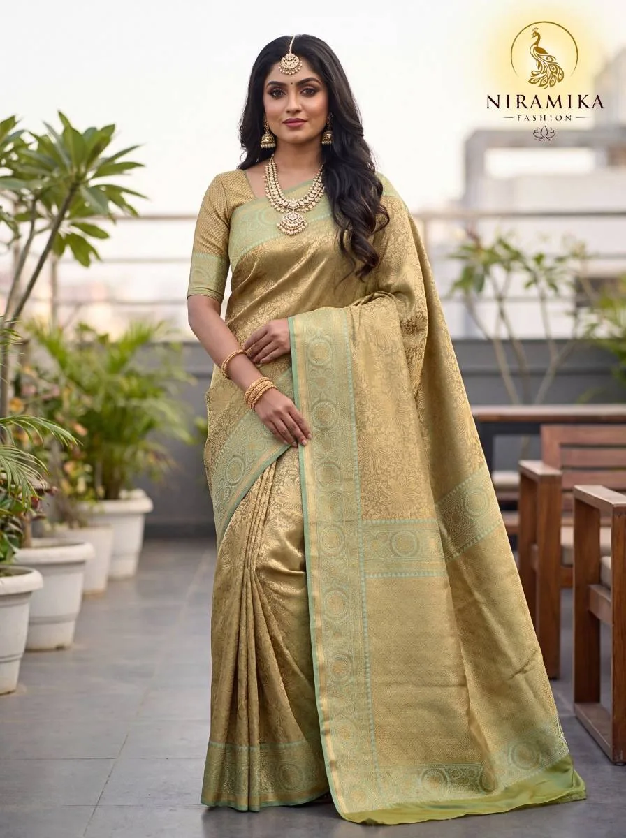 Pista Green Dharmavaram Silk Saree with All-Over Antique Gold Zari Floral Jaal Pista Green Silk Sarees saree by Niramika Fashion