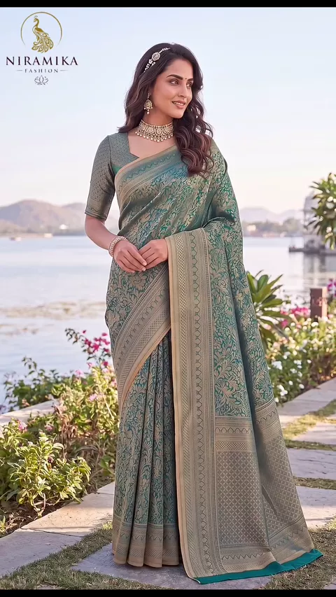 Dharmavaram Silk Saree in Teal Blue with All-Over Gold Zari Floral Jaal | Nirmika Fashion