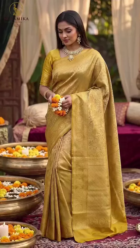 Turmeric Yellow Dharmavaram Silk Saree with All-Over Gold Zari Floral Jaal