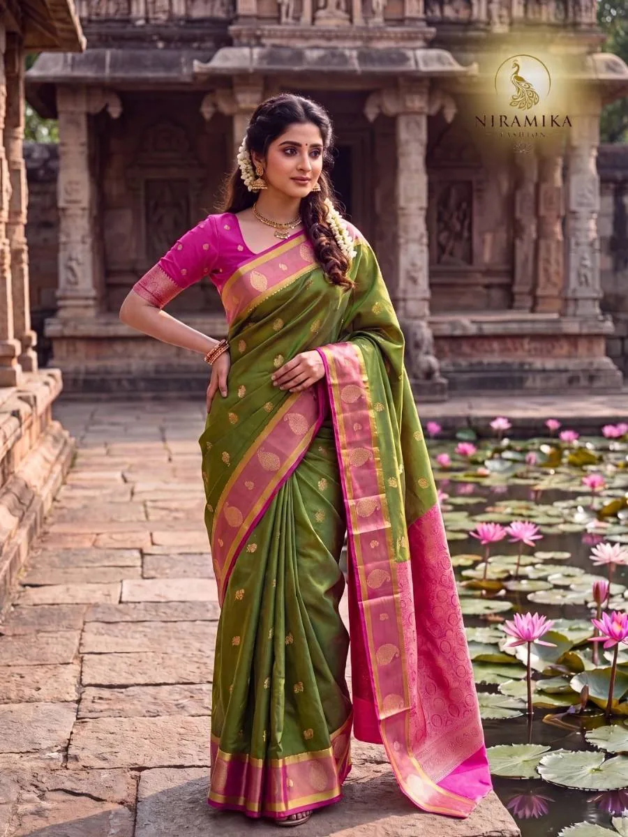 Olive Green Silk Saree with Magenta Pink Zari Border & Temple Pallu Olive Green Silk Sarees saree by Niramika Fashion - image 4