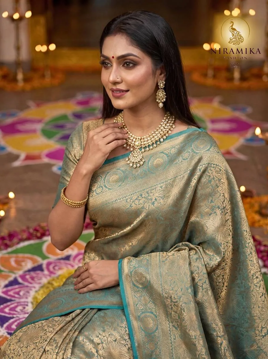 Peacock Teal Dharmavaram Silk Saree with All-Over Gold Zari Floral Jaal Peacock Teal Silk Sarees saree by Niramika Fashion - image 3