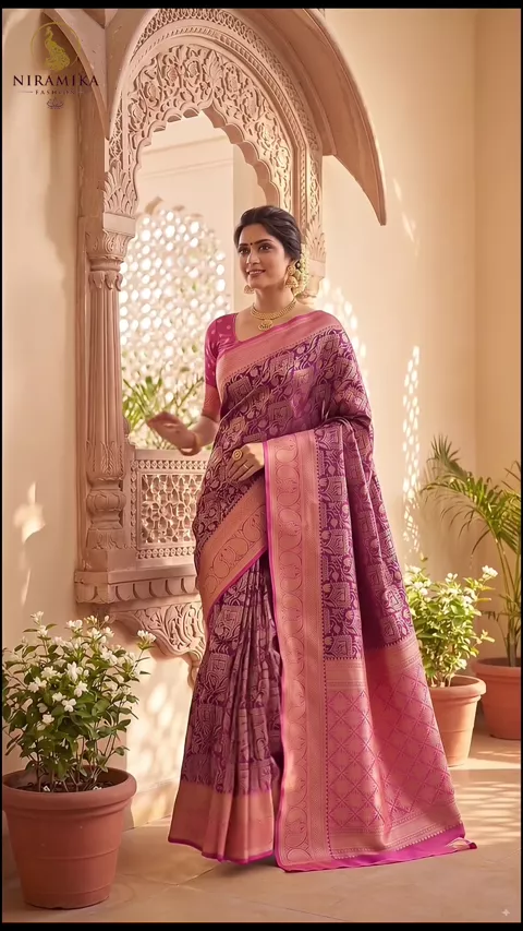 Dharmavaram Silk Saree in Royal Grape with Pink Zari Border & Paisley Pallu