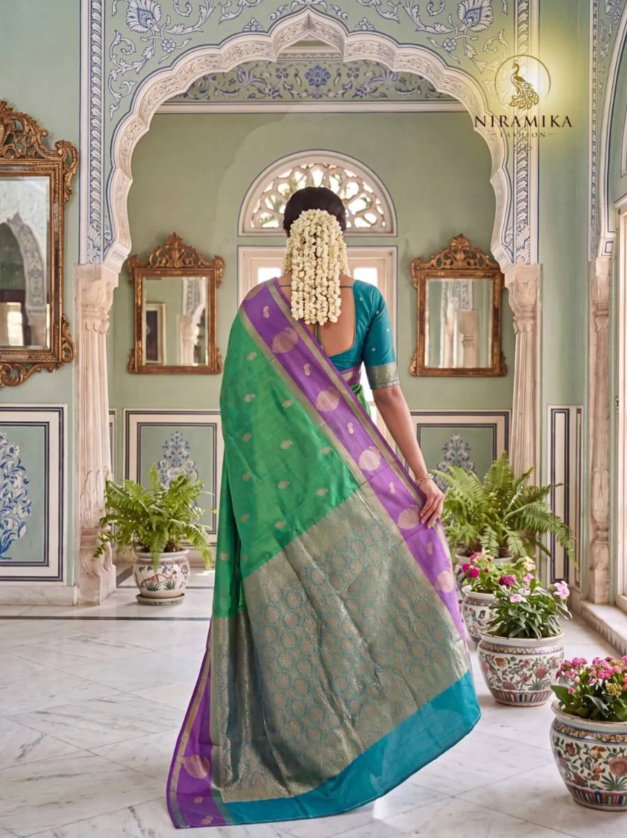 Emerald Green Silk Saree with Purple Zari Border, Teal Pallu & Paisley Butta Emerald Green Silk Sarees saree by Niramika Fashion - image 4