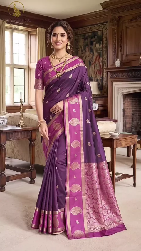 Deep Plum Purple Silk Saree with Orchid Pink Zari Border & Paisley Butta