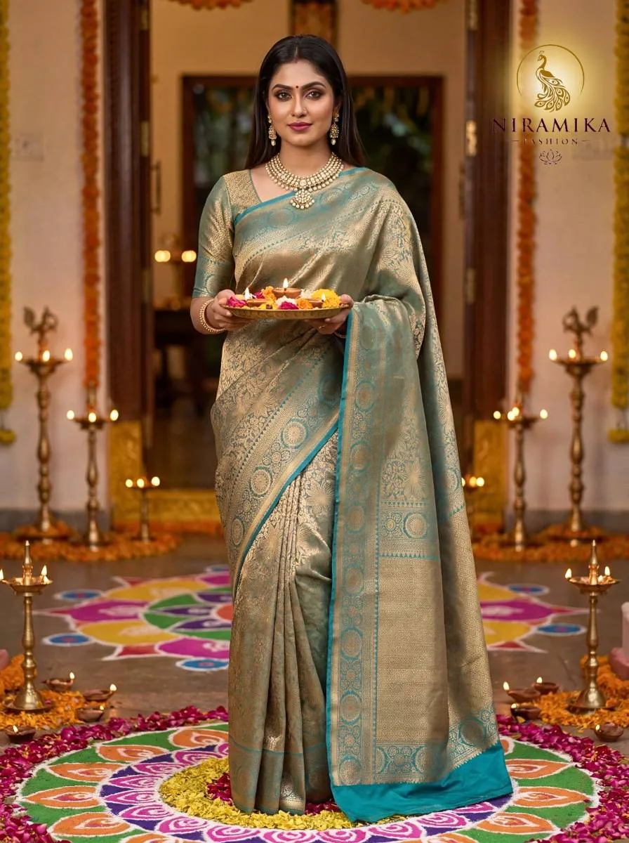 Peacock Teal Dharmavaram Silk Saree with All-Over Gold Zari Floral Jaal Peacock Teal Silk Sarees saree by Niramika Fashion